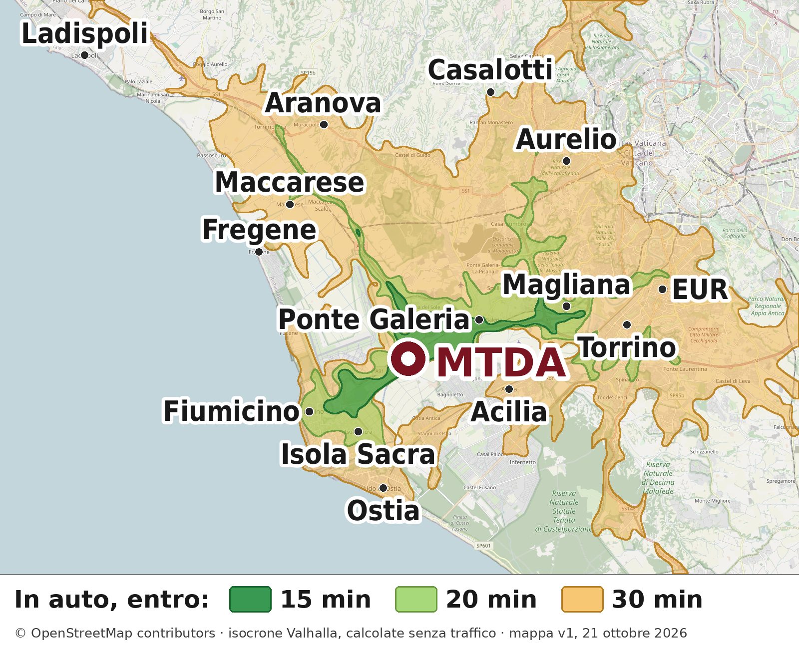 Mappa del litorale romano e di Roma ovest con MTDA a Parco Leonardo al centro. Tre fasce colorate mostrano dove si arriva in auto: verde scuro entro 15 minuti attorno a Ponte Galeria; verde chiaro entro 20 minuti fino a Fiumicino, Isola Sacra e Magliana; ambra entro 30 minuti fino a Ostia, Acilia, EUR, Torrino, Aurelio, Maccarese e Aranova. Fregene, Ladispoli e Casalotti sono appena oltre.