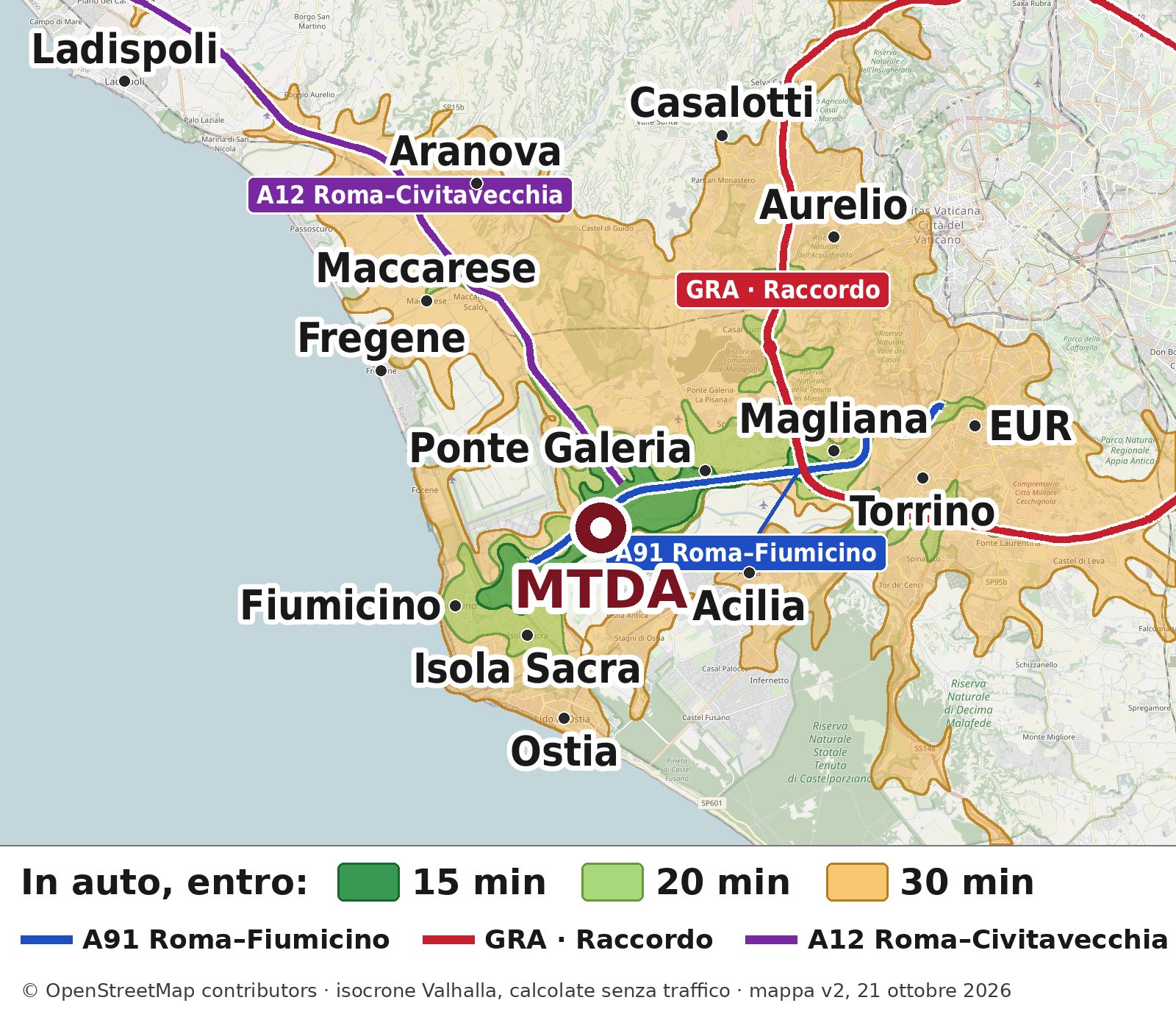 Mappa delle zone da cui si arriva a MTDA in auto entro 15, 20 e 30 minuti